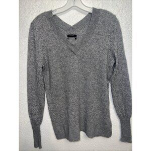Halogen Cashmere Grey Heather Classic V-Neck Side Slit High Low Sweater Sz S